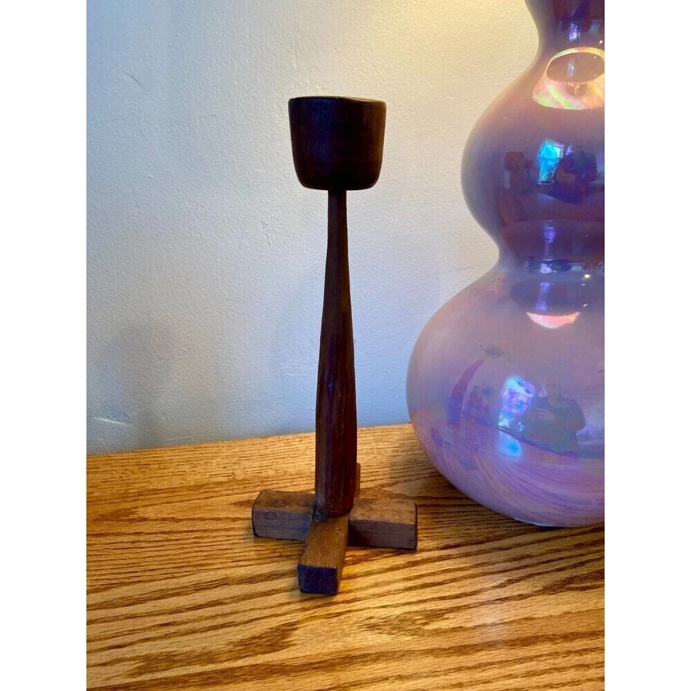 Mid Century Modern Wood Candlestick Holder Danish Pillar Round Dark Scandinavian